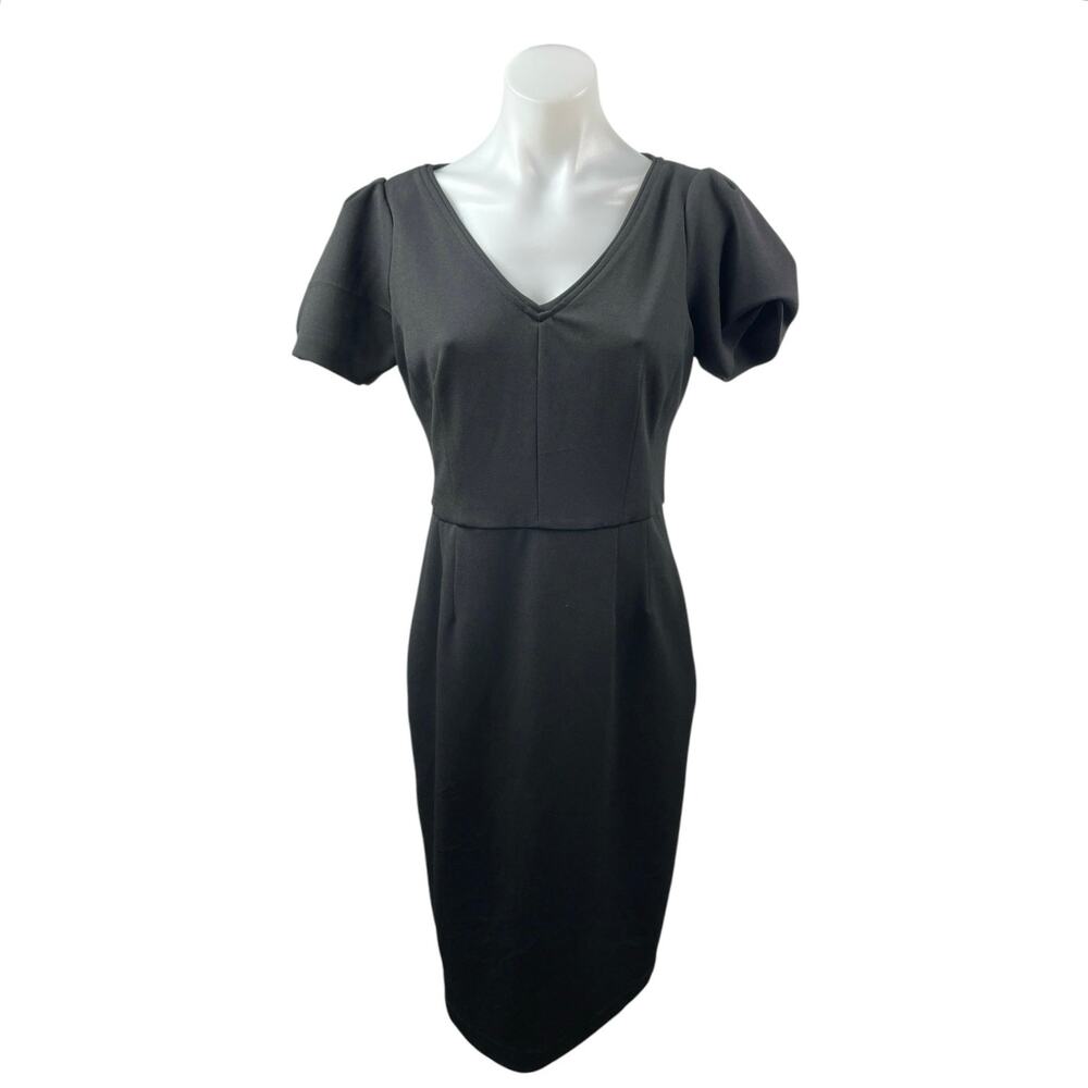 Maggy London Black Short Puff Sleeve V Neck Pencil Midi Sheath Dress Size 4
